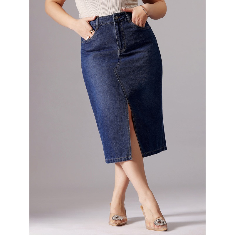 Women’s Dark Blue A-Line High-Rise Clean-Look Non-stretchable Denim Midi Skirt 26 Blue