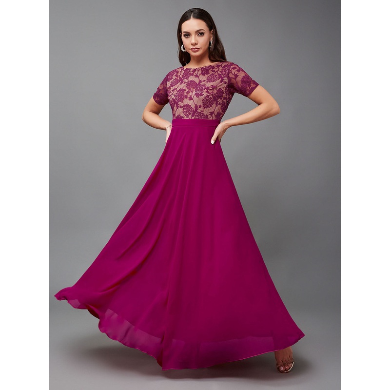 Women’s Dark Pink Round Neck Half Sleeve Self-Designed Fit & Flare Georgette Maxi Dress XS Dark Pink