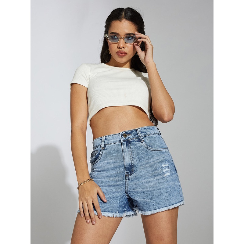 Women’s Light Blue Relaxed Fit Mid Rise Highly Distressed Regular Denim Shorts 24 Blue