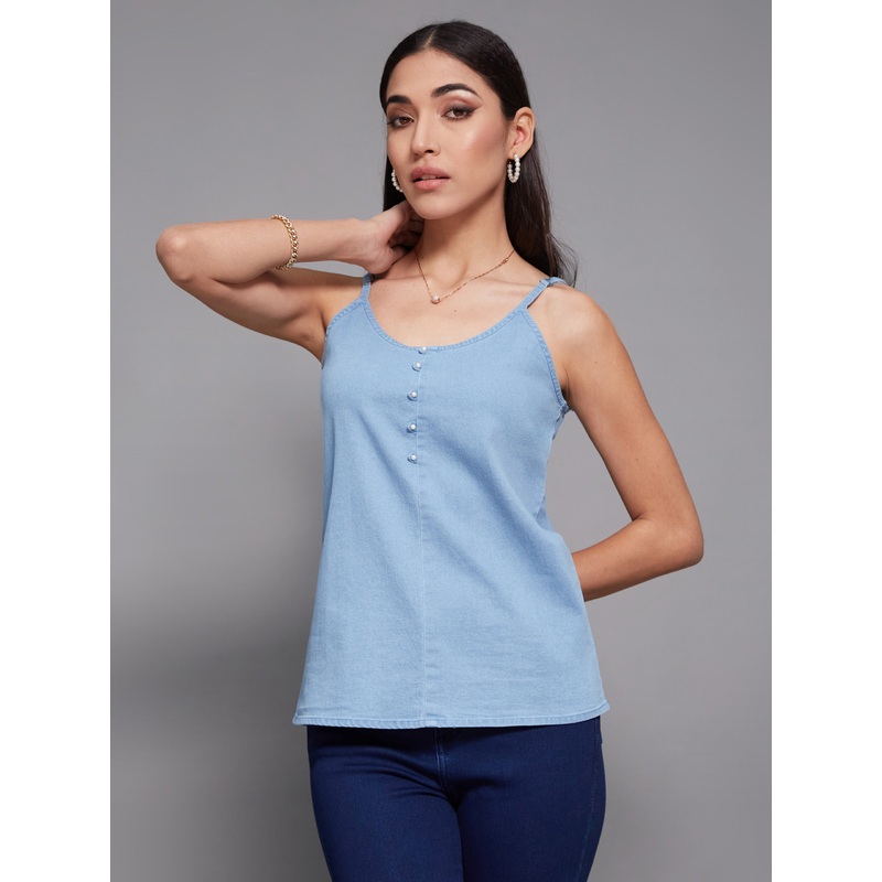 Women’s Light Blue Straight Clean-Look Regular Denim Top XS Blue