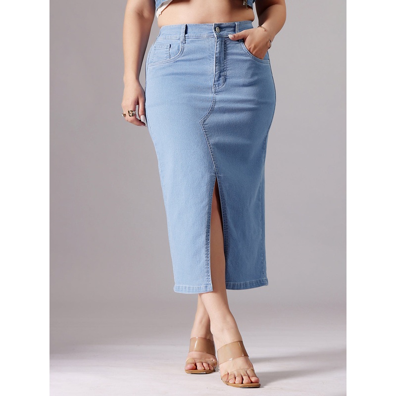 Women’s Light Blue Straight-Fit High-Rise Clean-Look Stretchable Denim Midi Skirt 26 Blue