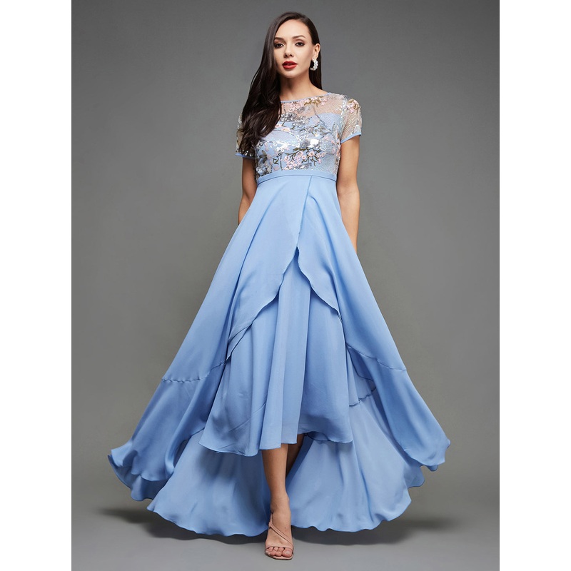 Women’s Multicolored-Base-Sky Blue Round Neck Short Sleeve Floral Layered Georgette Midi Dress XS Blue