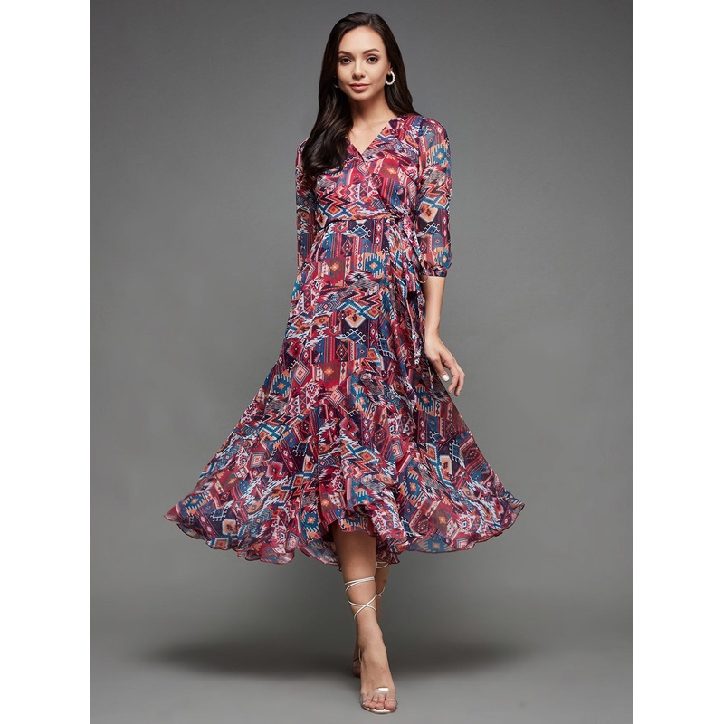 Women’s Multicolored V-Neck Three-Quarter Sleeve Geometric Patterned Wrap Midi Chiffon Dress XS Multicolor