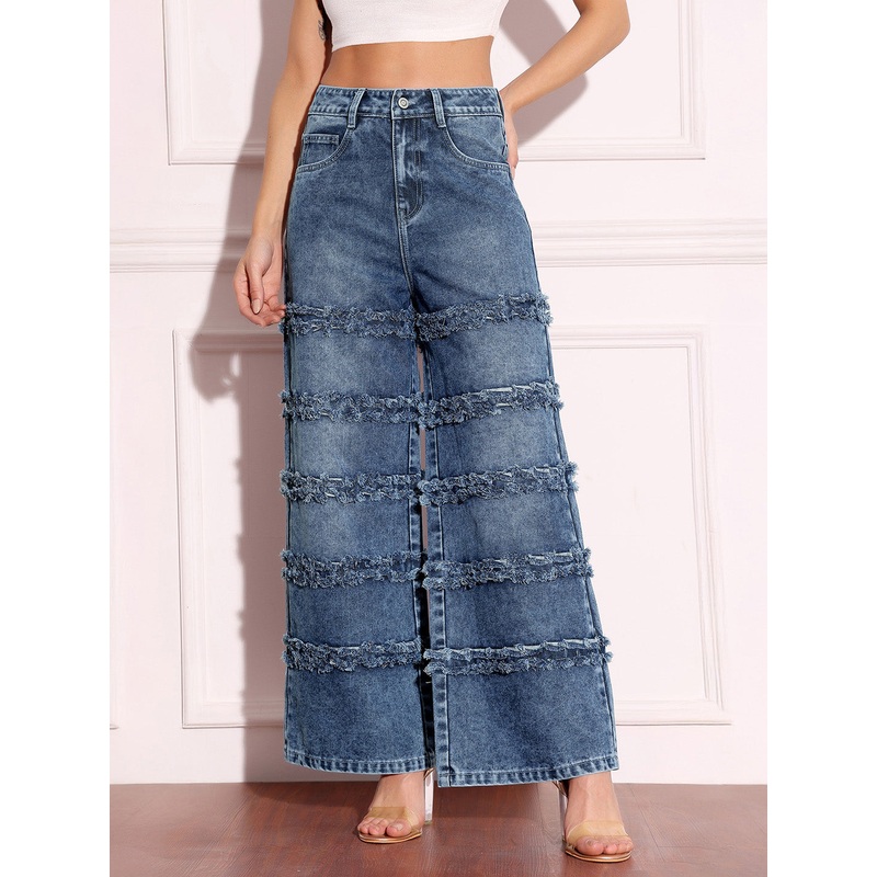 Women’s Navy-Blue Wide-Leg High-Rise Highly-Distressed Regular-Length Denim Jeans 26 Navy Blue