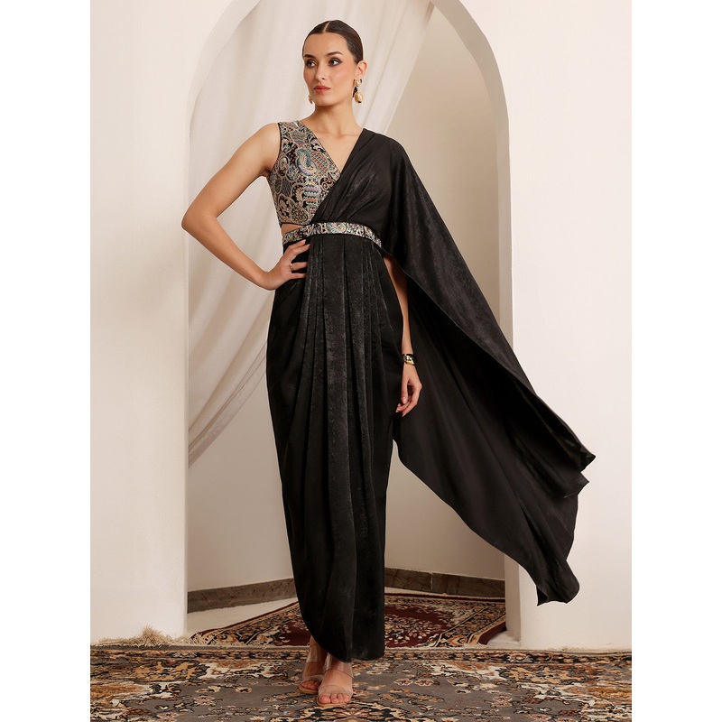 Black Minaret Embroidered Satin Maxi Dress XS Black