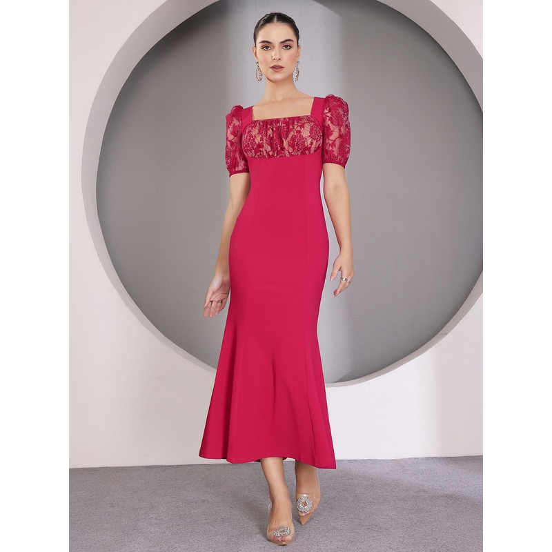 Dark Pink Puff Sleeves Lace Mermaid Maxi Dress for Women XS Pink