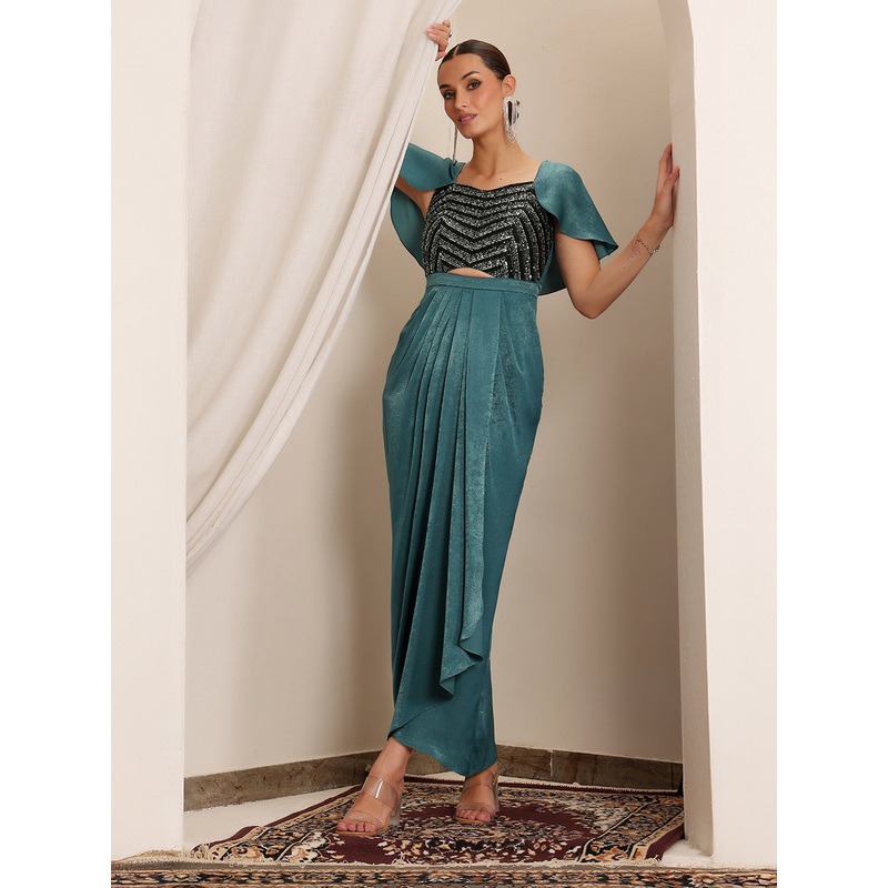 Shergil Warrior Teal Embellished Satin Maxi Dress XS Teal