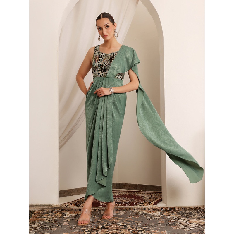 Tota Mirage Sage Green Embroidered Satin Maxi Dress XS Green