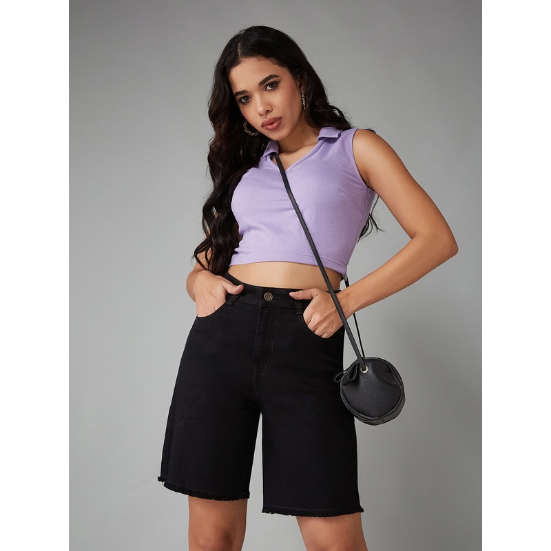 Women’s Black Regular High-Rise Clean-Look Above Knee Stretchable Denim Shorts 26 Black