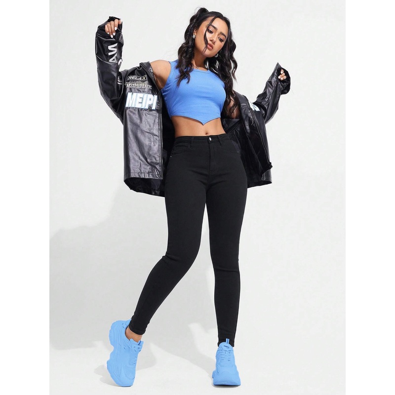 Women’s Black Skinny-Fit High-Rise Clean-Look Regular Length Clean-Look Stretchable Denim Jeans 26 Black