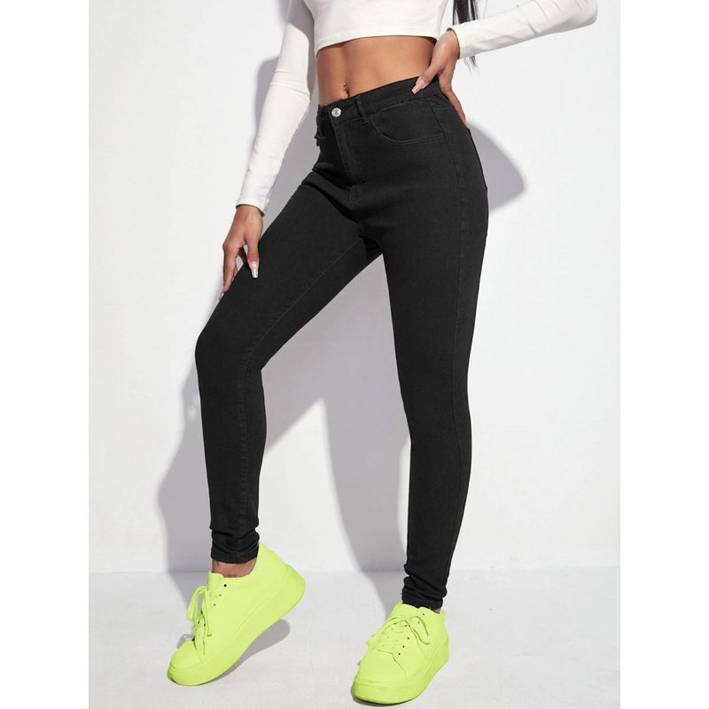 Women’s Black Skinny High-Rise Clean-Look Regular-Length Stretchable Denim Jeans 26 Black