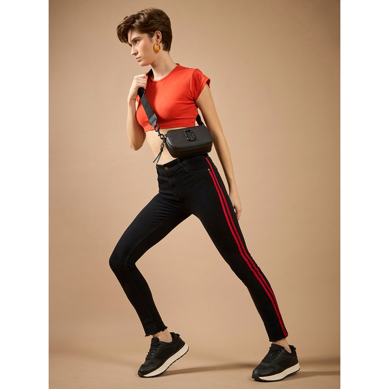 Women’s Black Slim Fit High-Rise Clean-Look Regular-Length twill Tape Detailing Stretchable Denim Jeans 26 Black