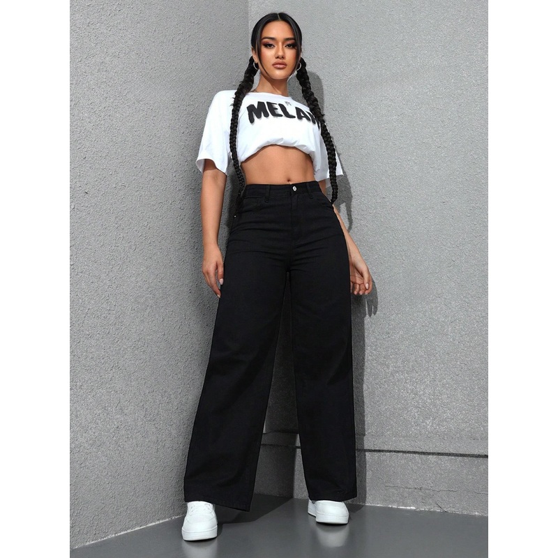 Women’s Black Wide-Leg High-Rise Clean-Look Regular-Length Stretchable Denim Jeans 26 Black