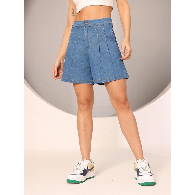 Women’s Blue Flared High-Rise Clean-Look Regular-Length Stretchable Special Light-Weight Denim Shorts 26 Blue
