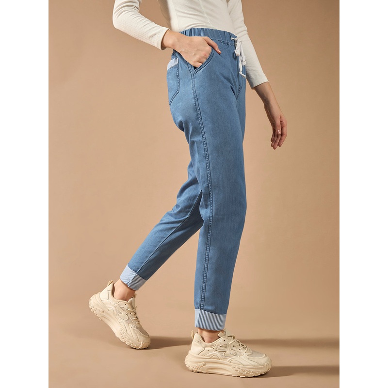 Women’s Blue High-Rise Clean-Look Solid Cropped Striped Detailing Denim Joggers 26 Blue