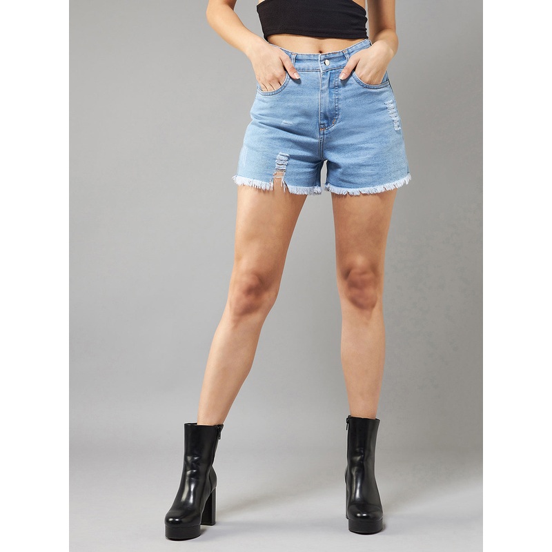 Women’s Blue Relaxed Mid-Rise High Distress Regular Non-Stretchable Denim Shorts 24 Blue