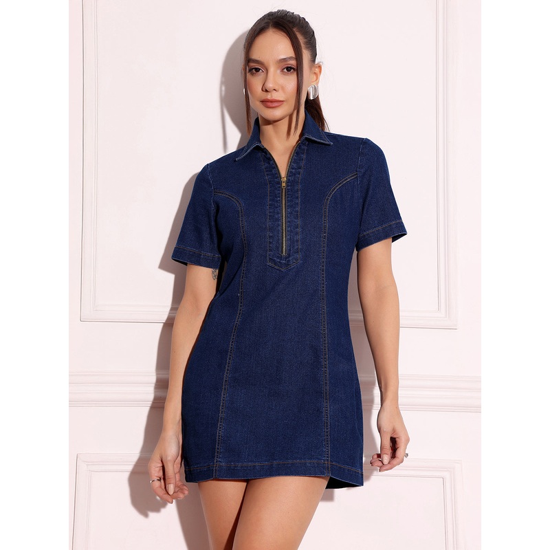 Women’s Dark Blue Collared Half Sleeve Princess Seam Sheath Mini Dress XXS Navy Blue