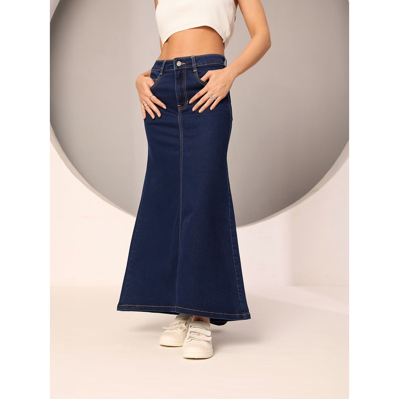 Women’s Dark Blue Flared High-Rise Clean-Look Stretchable Denim Maxi Skirt 26 Navy Blue