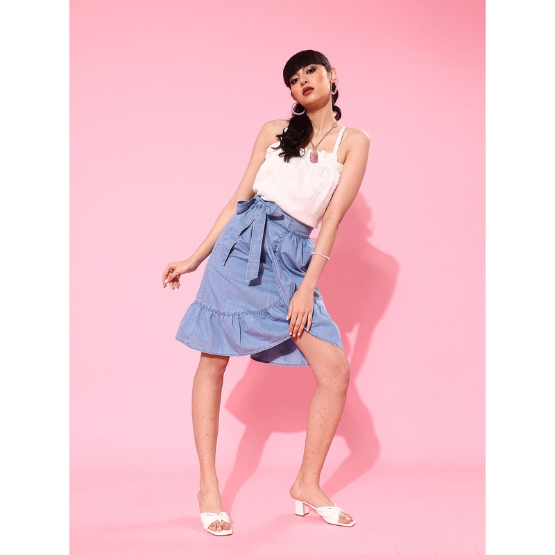 Women’s Light Blue Regular High-Rise Clean-Look Knee-Length Non-Stretchable Denim Skirt 26 Blue