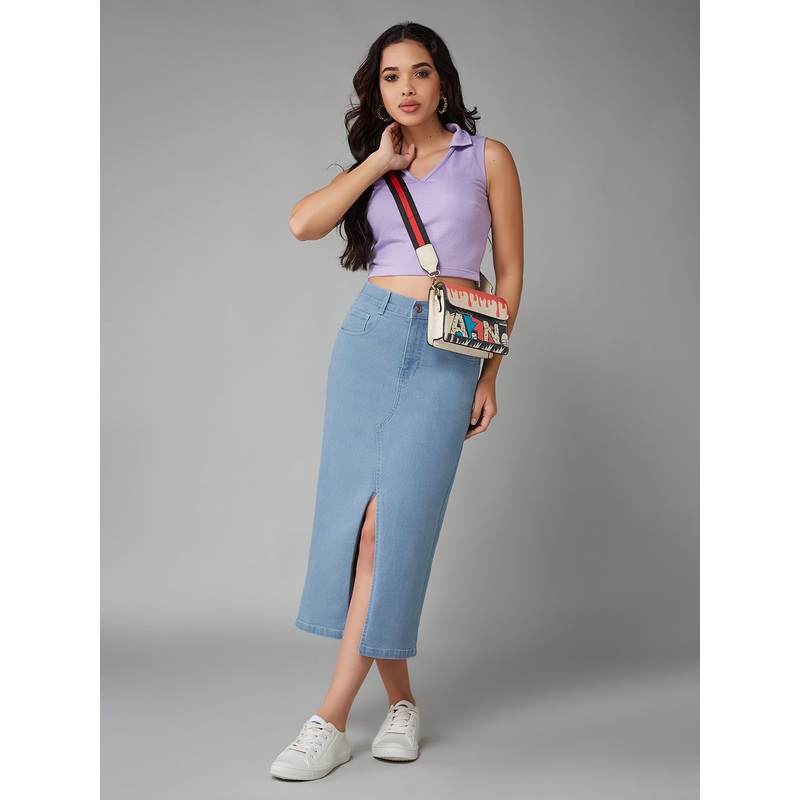 Women’s Light Blue Straight-Fit High-Rise Clean-Look Stretchable Denim Midi Skirt 26 Light Blue