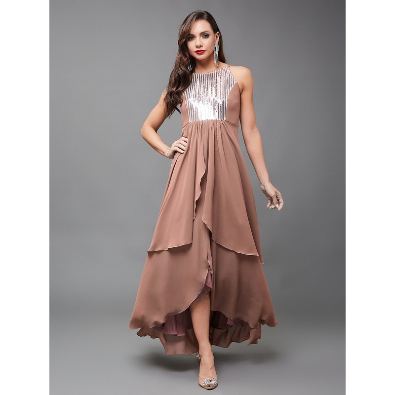 Women’s Multicolored-Base-Dusty Peach Halter Neck Sleeveless Embellished Layered Georgette Maxi Dress XS Multicolored