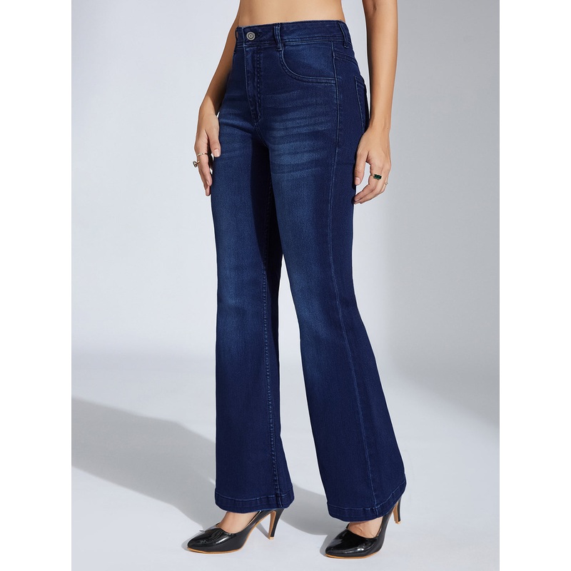 Women’s Navy-Blue High-Rise Clean-Look Regular-Length Stretchable Bootcut Denim Jeans 26 Blue