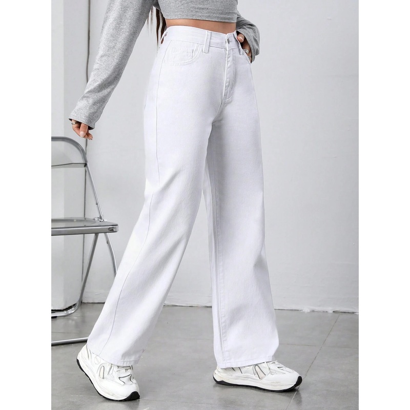 Women’s White Straight High-Rise Clean-Look Regular-Length Stretchable Denim Jeans 26 White