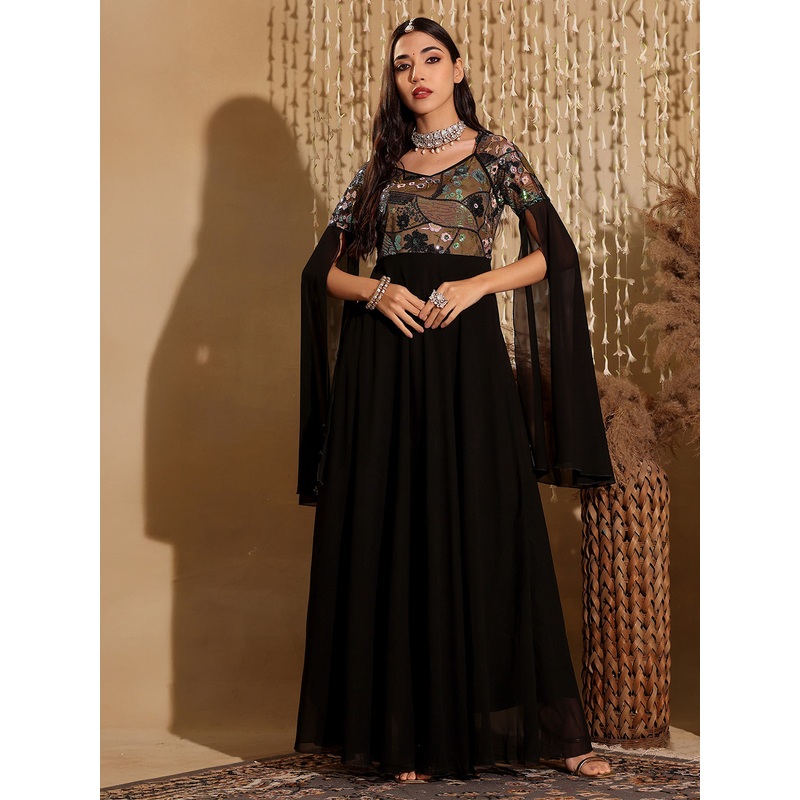 Black Bell Sleeves Sequinned Fit an Flare Gown for Women XS Black