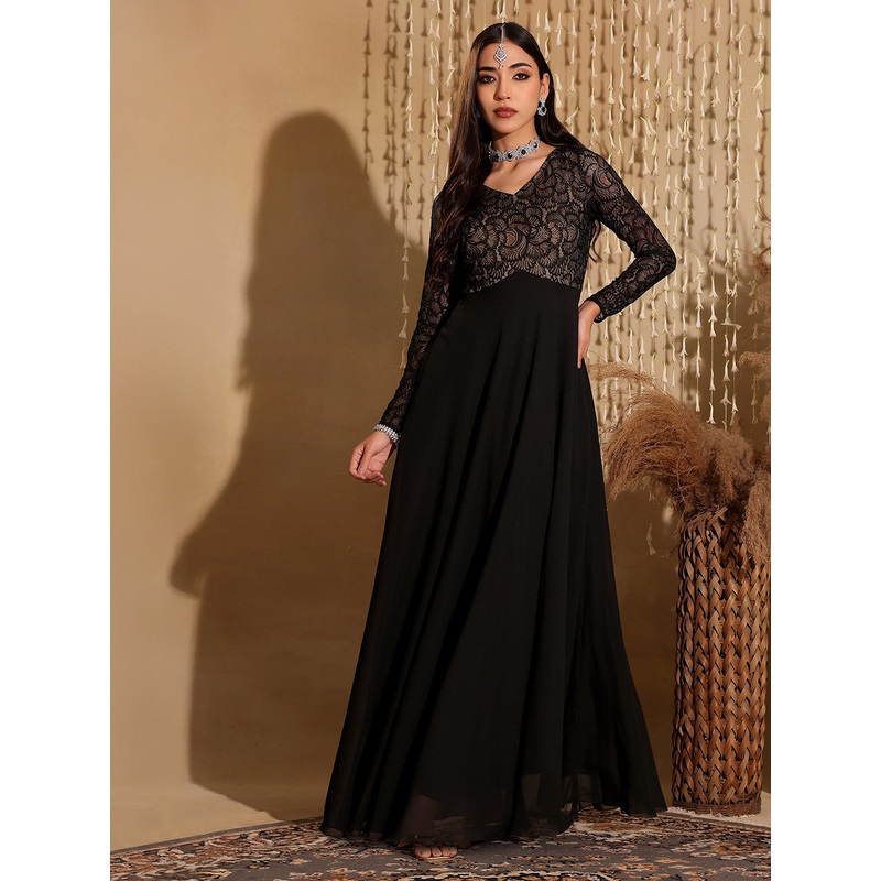 Black Full Sleeves Lace Fit and Flare Maxi Dress for Women XS Black