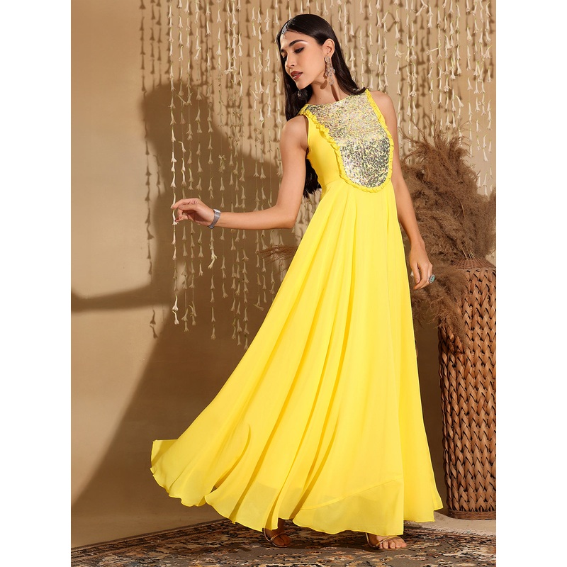 Bright Yellow Sleeveless Sequinned Fit and Flare Maxi Dress for Women XS Yellow