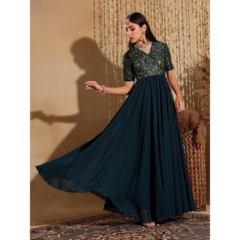 Teal Short Sleeves Lace Fit and Flare Maxi Dress for Women XS Teal