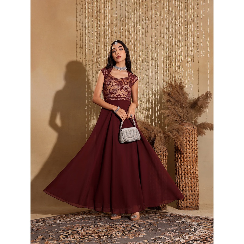 Wine Floral Cap Sleeves Fit and Flare Lace Maxi Dress for Women XS Wine