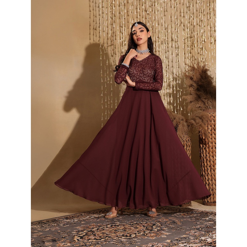 Wine Full Sleeves Lace Fit and Flare Maxi Dress for Women XS Wine