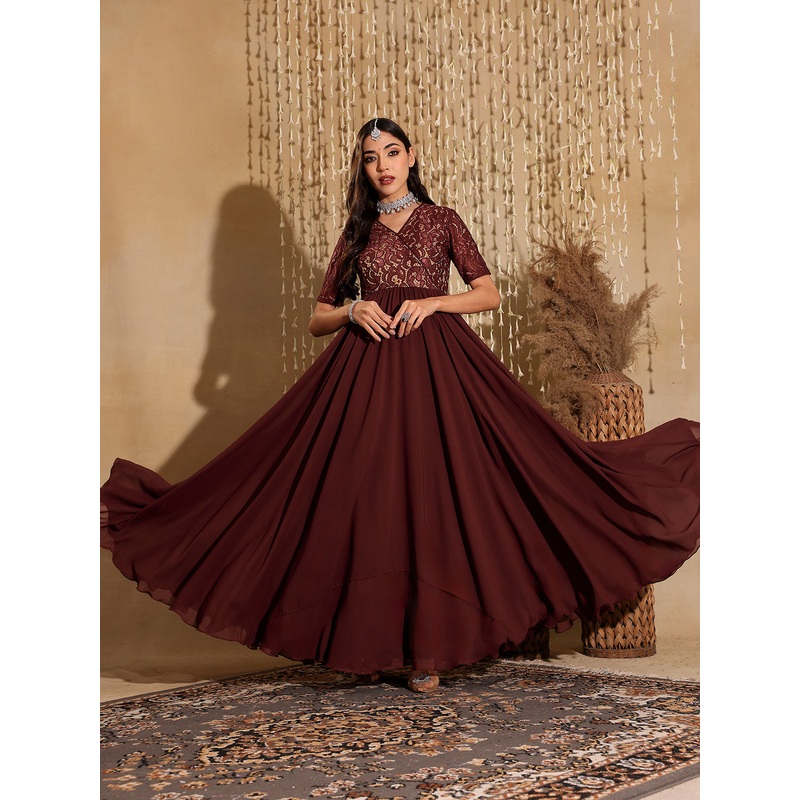 Wine Short Sleeves Lace Fit and Flare Maxi Dress for Women XS Wine