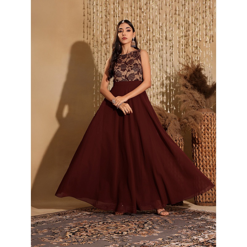 Women’s Beige & Wine Round Neck Sleeveless Georgette Floral Lace Fit & Flare Maxi Dress XS Multicolor