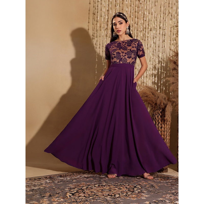 Women’s Dark Purple Round Neck Half Sleeve Self Design Fit & Flare Georgette Maxi Dress XS Purple