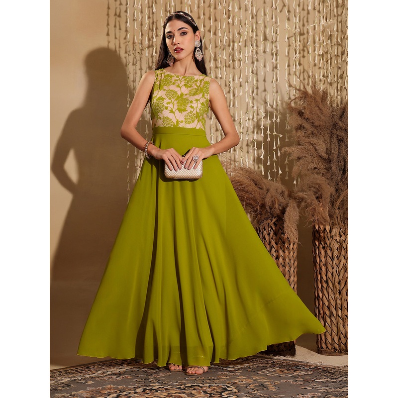 Women’s Lemon Green Round Neck Sleeveless Georgette Floral Lace Fit & Flare Maxi Dress XS Green