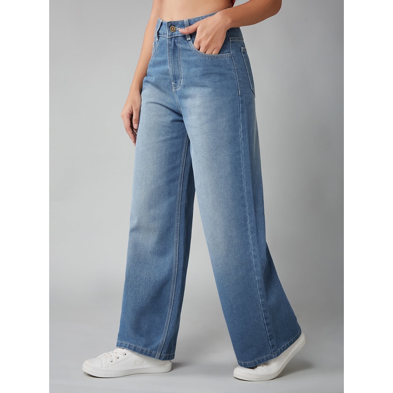 Women’s Light Blue Wide-Leg High-Rise Clean-Look Regular-Length Non-stretchable Denim Jeans 26 Blue