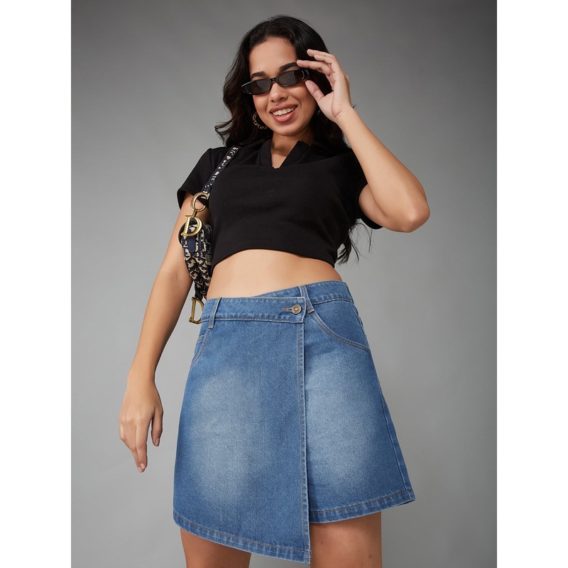 Women’s Mid-Blue Regular High-Rise Clean-Look Regular Denim Skorts 26 Blue