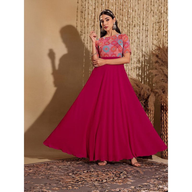 Women’s Multicolored-Base-Dark Pink Boat Neck Half Sleeve Geometric Fit & Flare Georgette Maxi Dress XS Pink