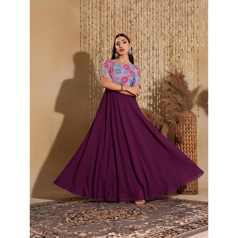 Women’s Multicolored-Base-Dark Purple Boat Neck Half Sleeve Geometric Fit & Flare Georgette Maxi Dress XS Purple