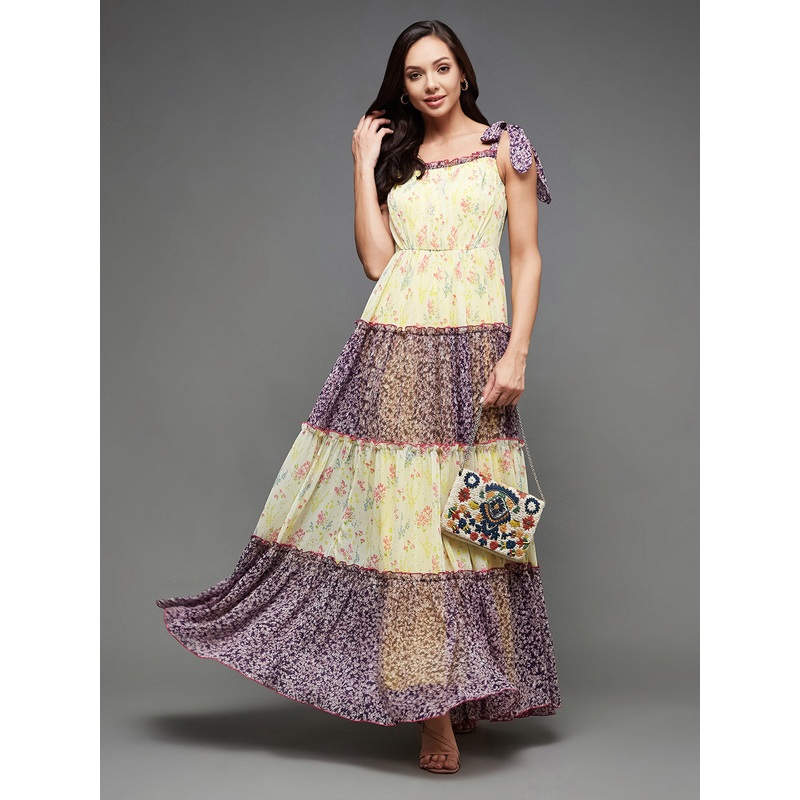 Women’s Multicolored Square Neck Shoulder Strap Tie-Up Floral Patterned Tiered Maxi Chiffon Dress XS Multicolor