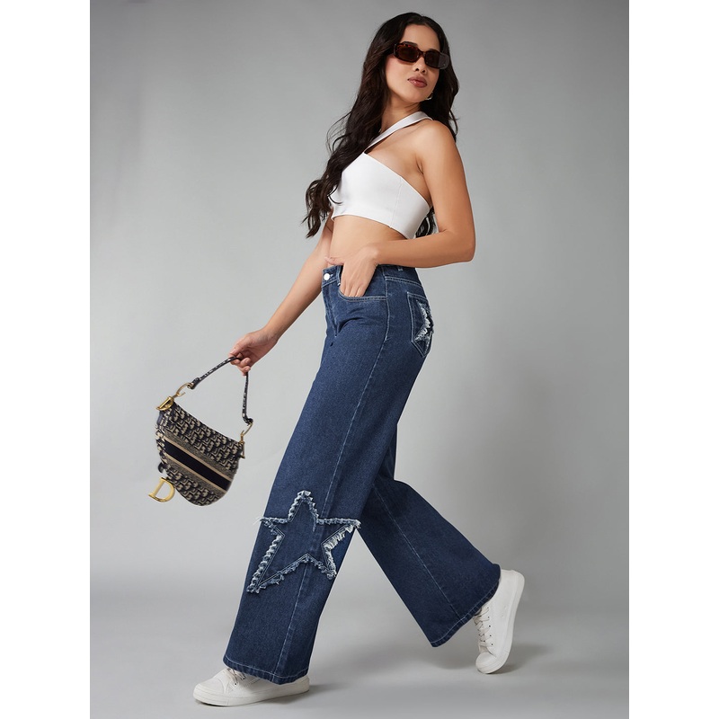 Women’s Navy Blue High-Rise Star-Patch Stretchable Wide-Leg Denim Jeans 26 Navy Blue