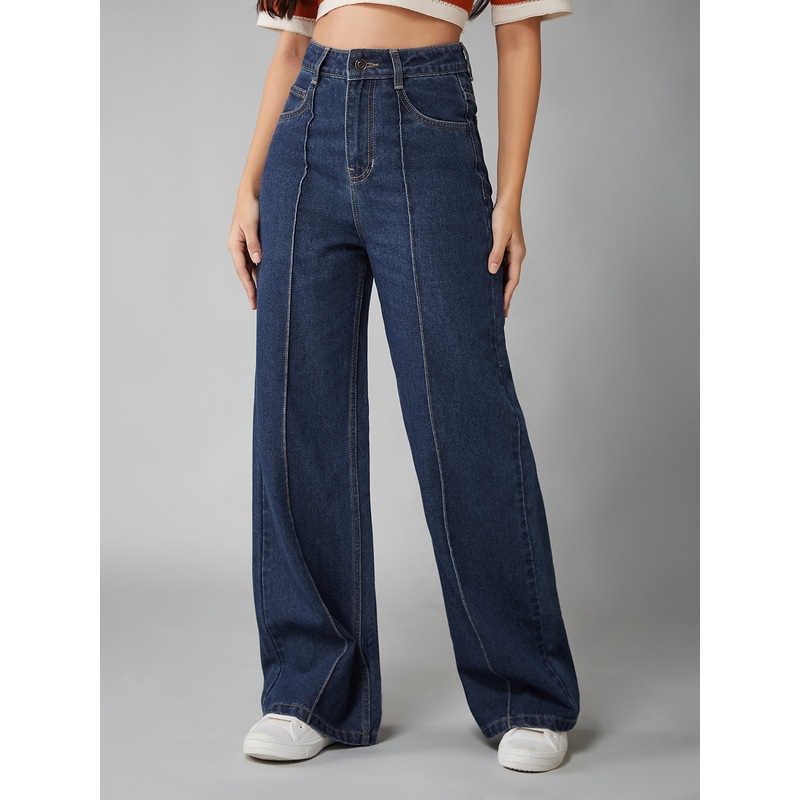 Women’s Navy Blue Wide-Leg High-Rise Clean-Look Regular-Length Non-stretchable Denim Jeans 26 Blue