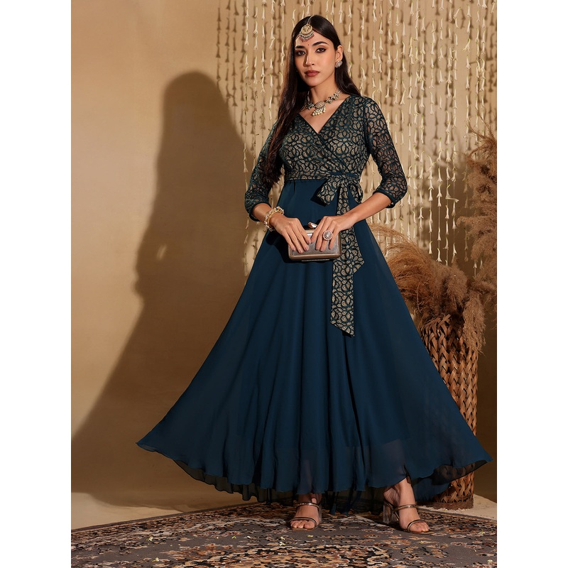 Women’s Teal Floral Printed Relaxed Fit V-Neck 3/4th Sleeve Maxi Dress XS Teal