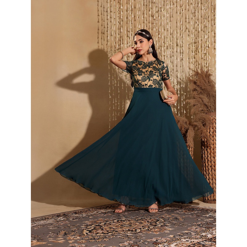 Women’s Teal Round Neck Half Sleeve Self Design Fit & Flare Georgette Maxi Dress XS Teal