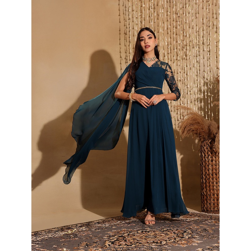 Women’s Teal V-Neck Asymmetric Self-Designed Georgette Maxi Dress XS Teal