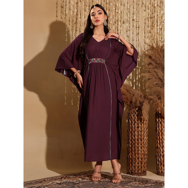 Women’s Wine V-Neck 3/4 Sleeve Solid Viscose Rayon Maxi Kaftan Dress XS Wine