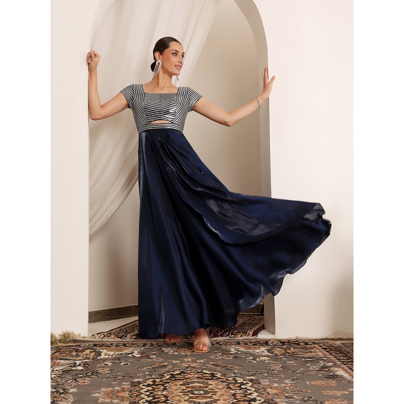 Bawa Celeste Navy-Blue Embellished Maxi Dress XS Navy Blue