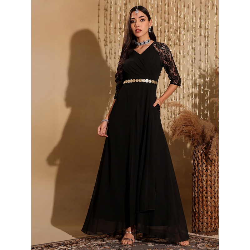 Black Long Sleeves Lace Fit and Flare Gown with Sequinned Golden Belt for Women XS Black